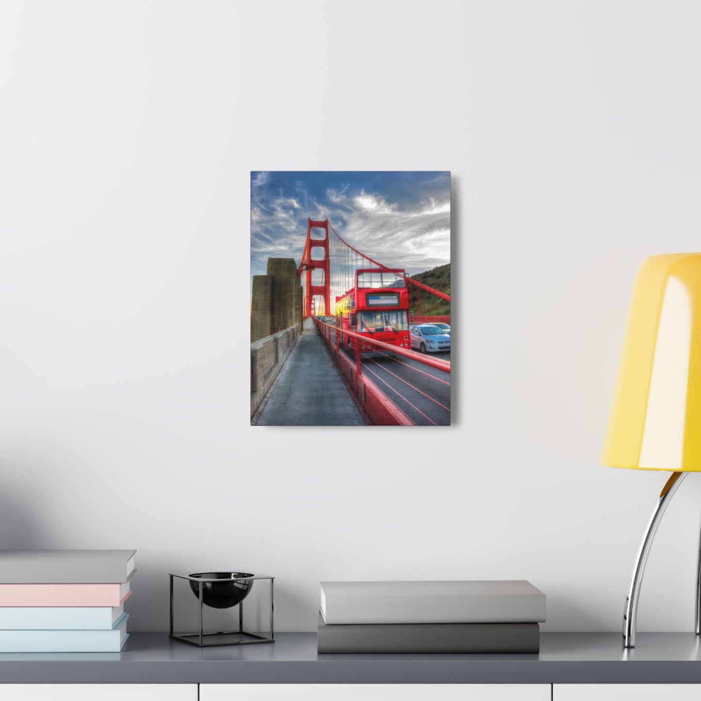 Canvas Print Of Double Decker Bus And Golden Gate Bridge In San Francisco For Wall Art