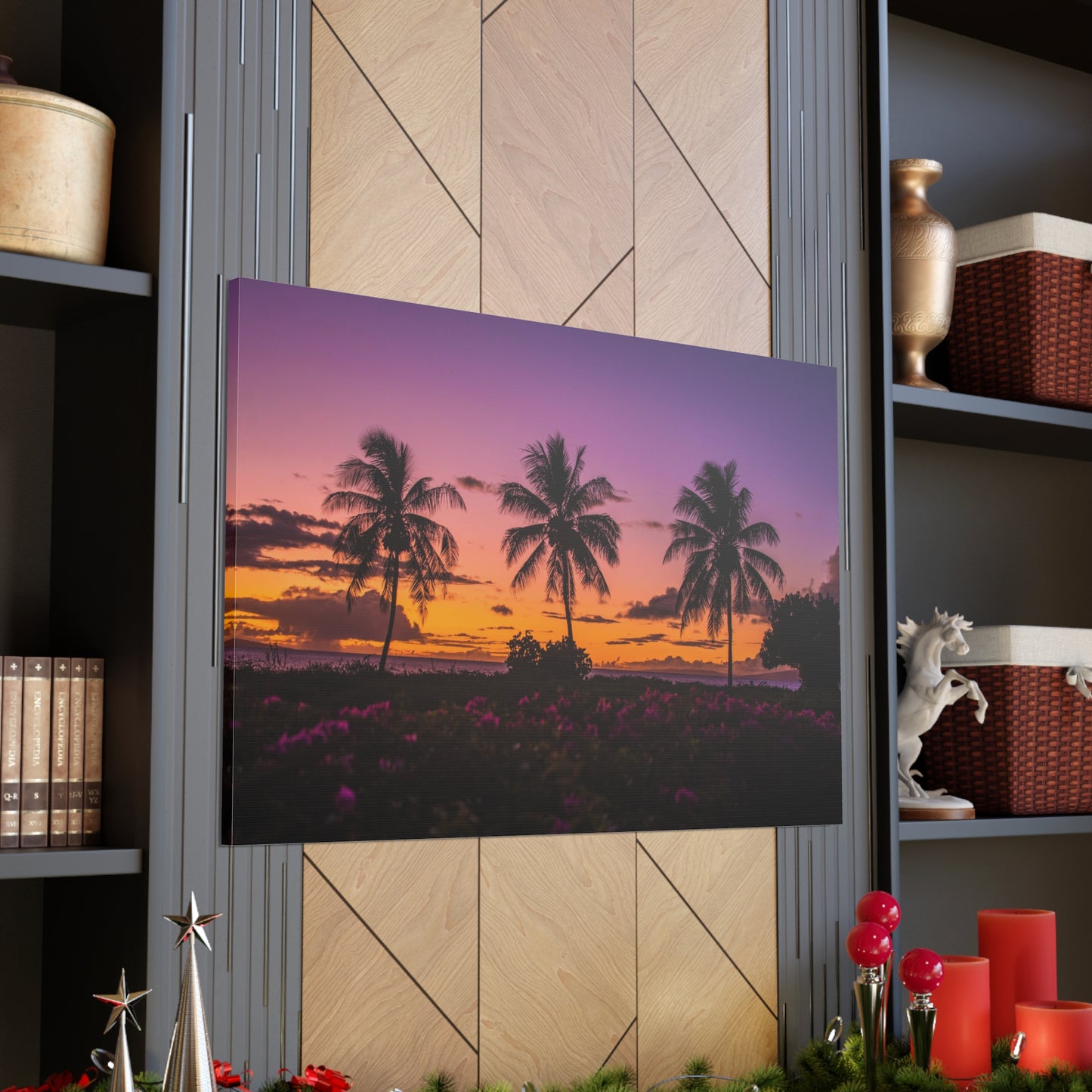 Canvas Print Of Flowers And Palm Trees At Sunset in Hawaii For Wall Art