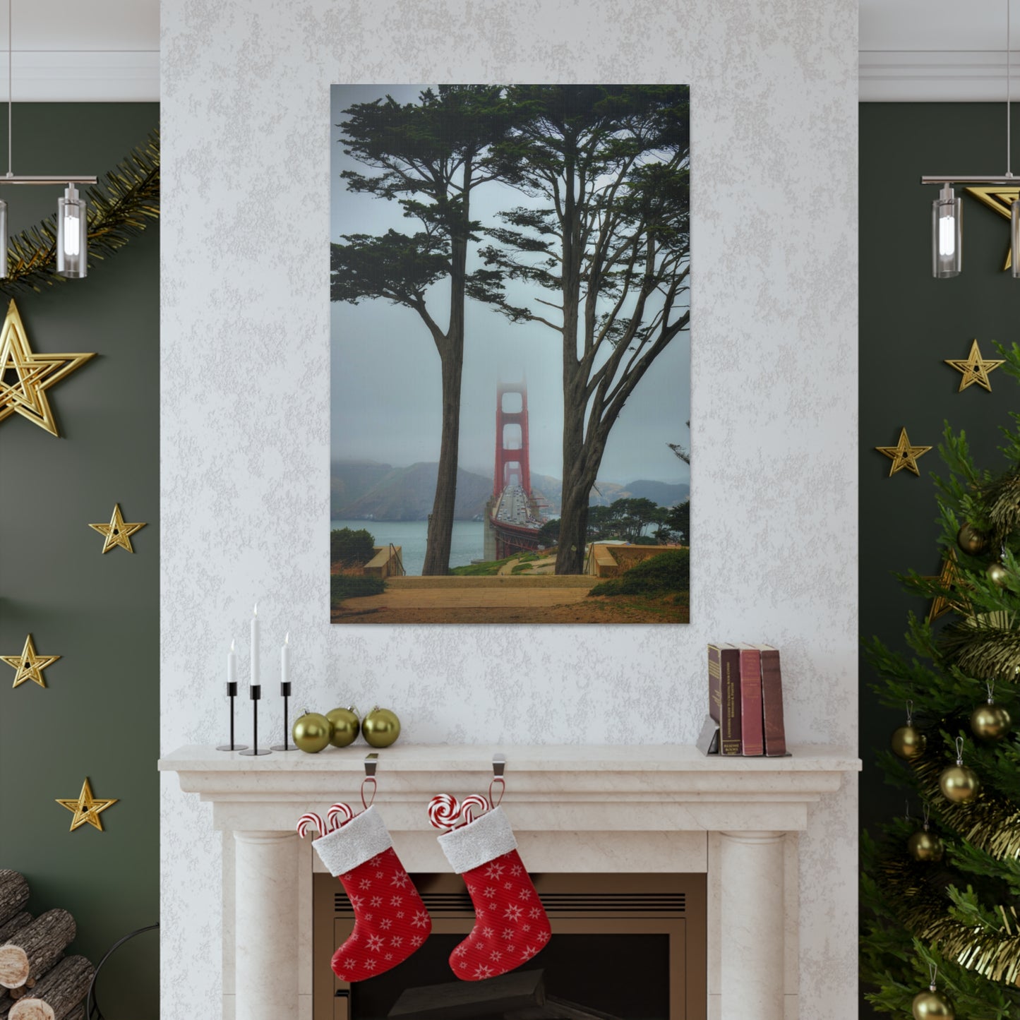 Canvas Print Of Cypress Trees & The Golden Gate Bridge In San Francisco For Wall Art
