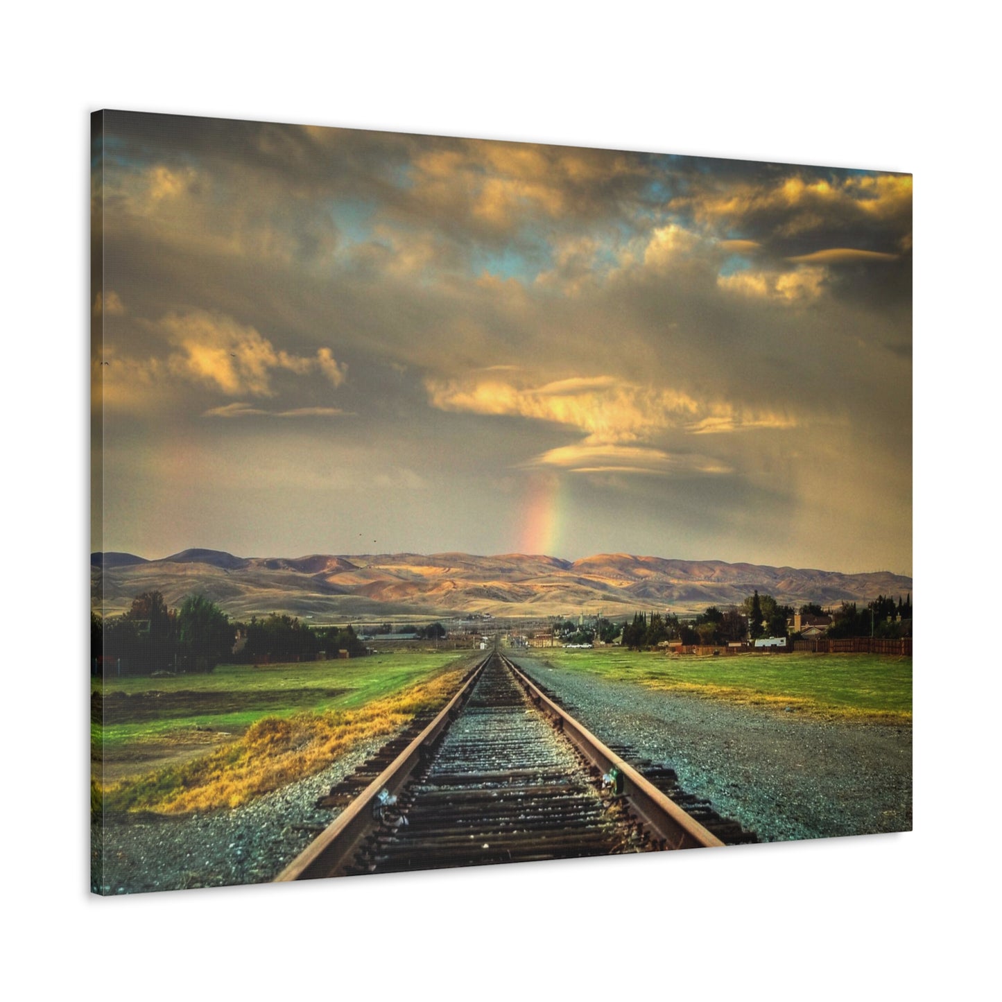 Canvas Print Of Train Tracks & Rainbow For Wall Art
