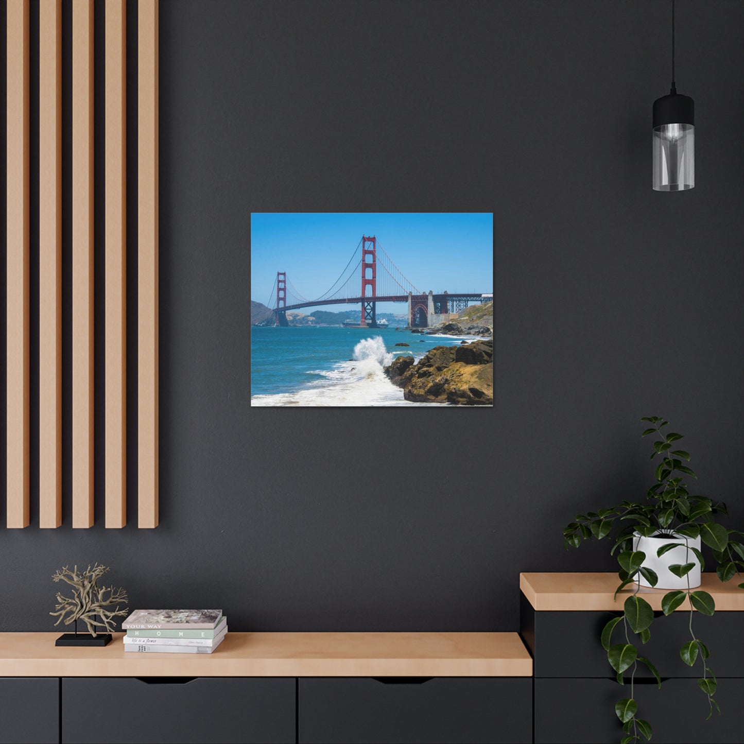 Canvas Print Of Rocks Splashing & Golden Gate Bridge In San Francisco For Wall Art