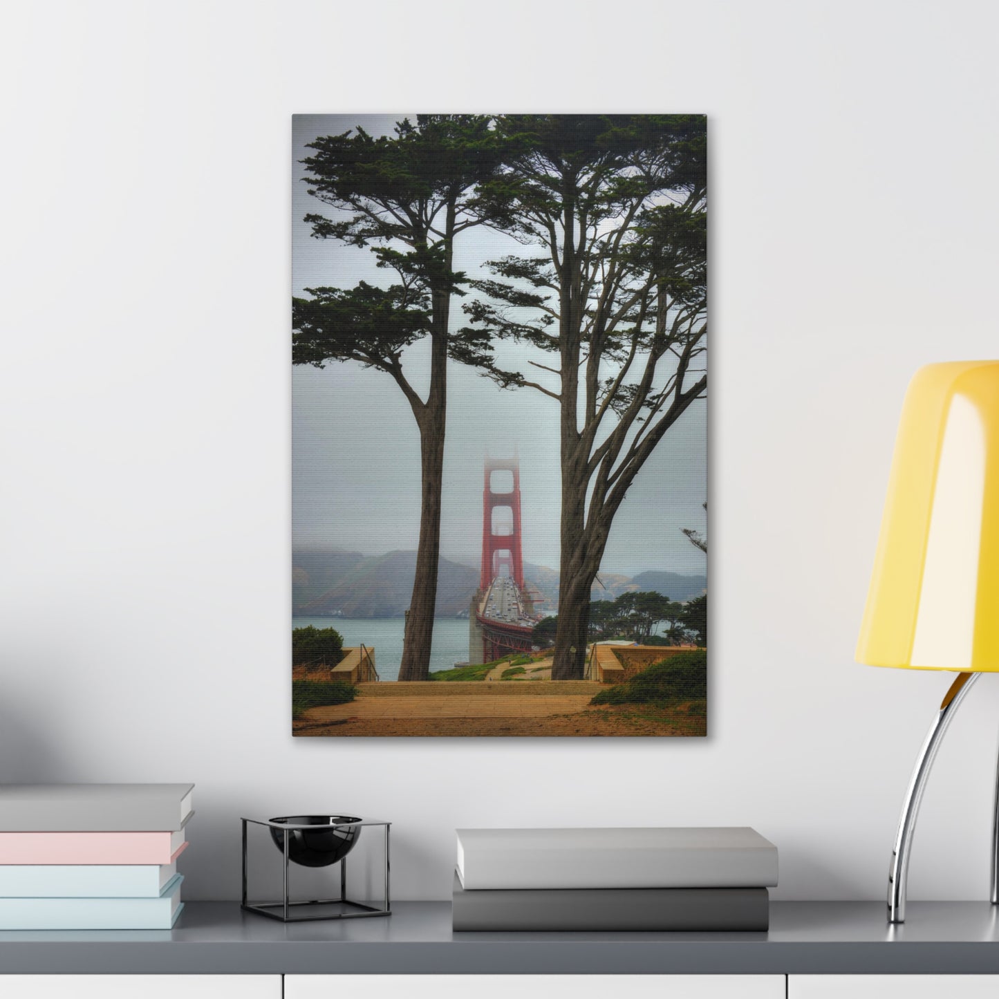 Canvas Print Of Cypress Trees & The Golden Gate Bridge In San Francisco For Wall Art