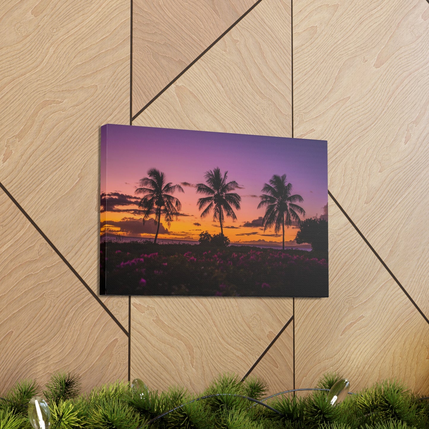 Canvas Print Of Flowers And Palm Trees At Sunset in Hawaii For Wall Art