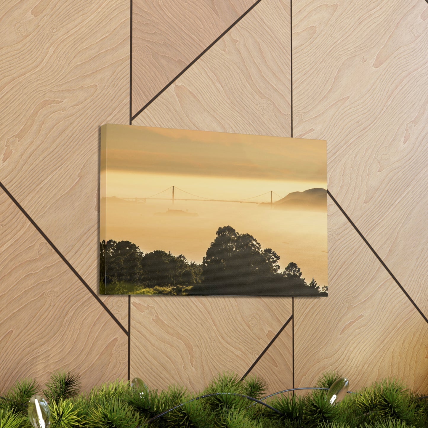 Canvas Print Of The Golden Gate Bridge And Trees In San Francisco In Fog For Wall Art