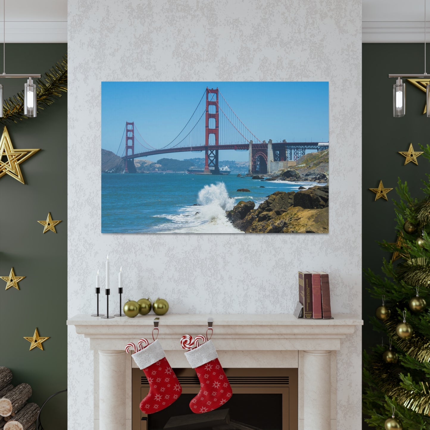 Canvas Print Of Rocks Splashing & Golden Gate Bridge In San Francisco For Wall Art