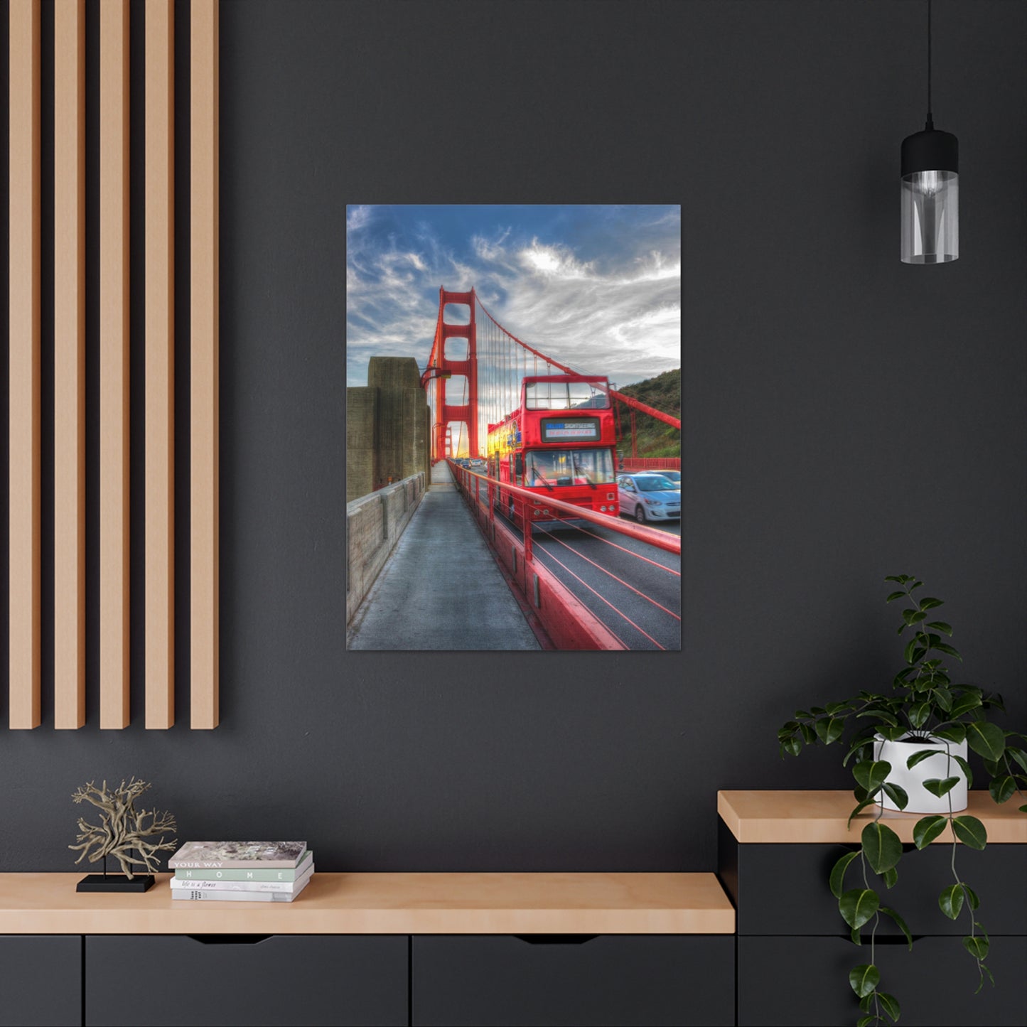 Canvas Print Of Double Decker Bus And Golden Gate Bridge In San Francisco For Wall Art