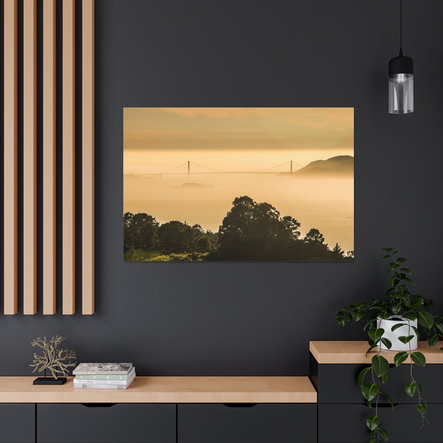 Canvas Print Of The Golden Gate Bridge And Trees In San Francisco In Fog For Wall Art
